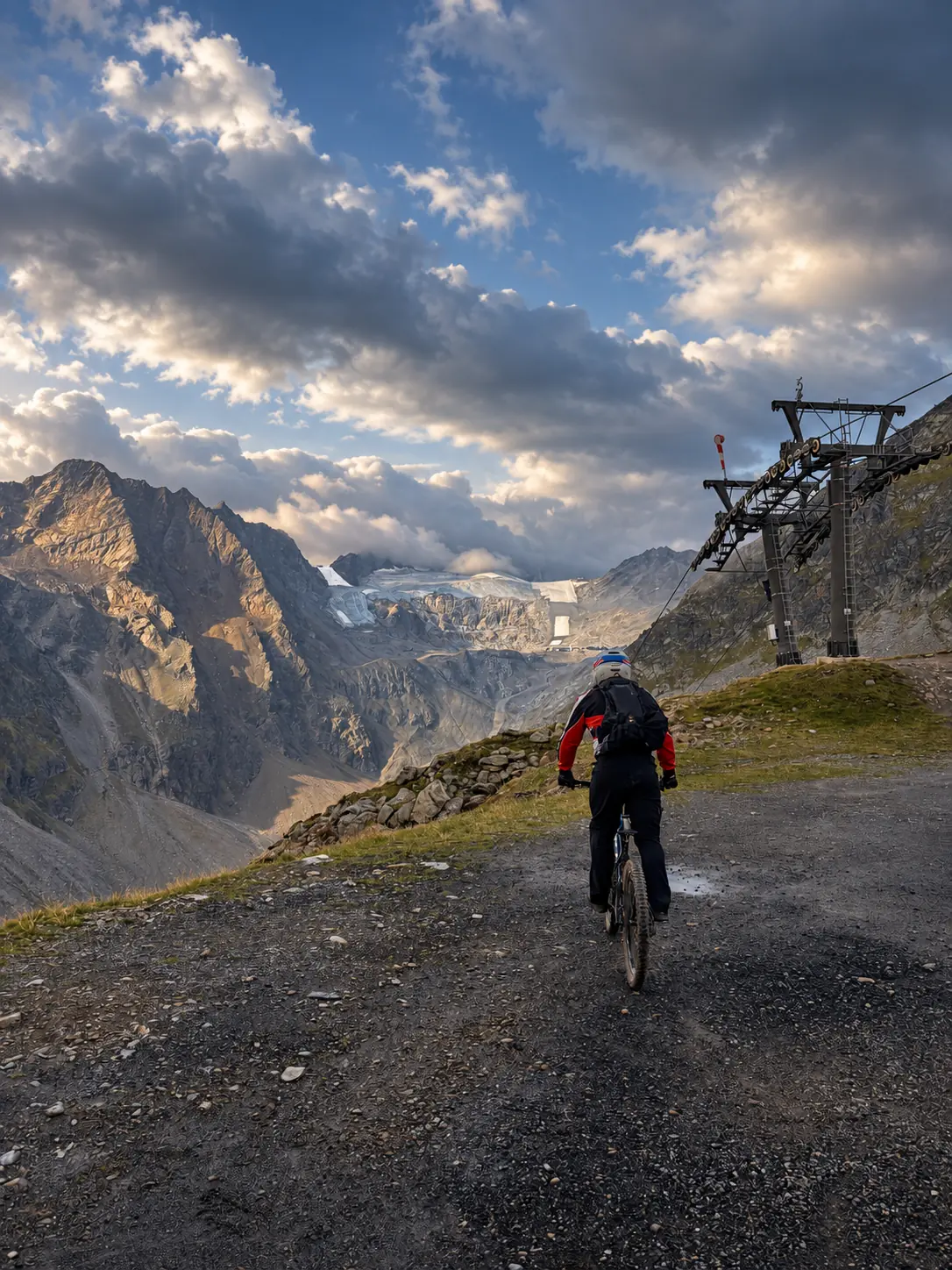 Mountainbiker mit Helm und Ausrüstung auf einem alpinen Schotterweg vor dem Gletscher